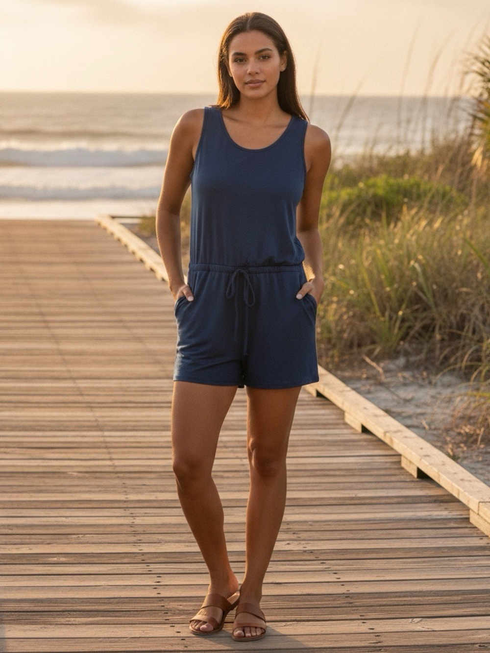 KIRUNDO Womens Navy Blue Sleeveless Drawstring Waist Romper Size Large